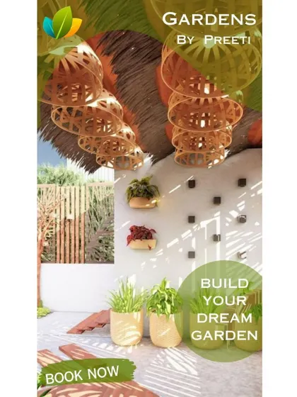 A vertical graphic encouraging clients to build their dream garden. It showcases a bohemian design with bamboo light fixtures and natural textures, reflecting our ability to work with diverse and creative styles.