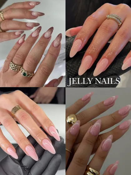 Jelly nails have a translucent, see-through finish that is both playful and chic. This collage features different jelly nail looks, from simple pinks to ombre designs.