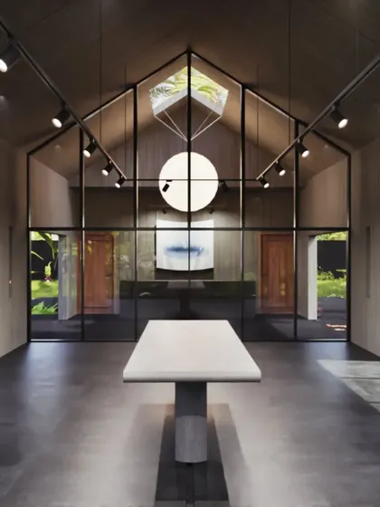 This series of renders explores the artist's residence, inspired by traditional Indian courtyard homes ('thotti mane'). The design features a concrete shell, an open-to-sky courtyard, and an agarbatti niche, fusing modern form with sensory, traditional details that connect the space to both culture and nature.