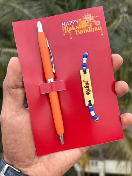 The final color option for the turbo pen and rakhi combo is a bold orange.