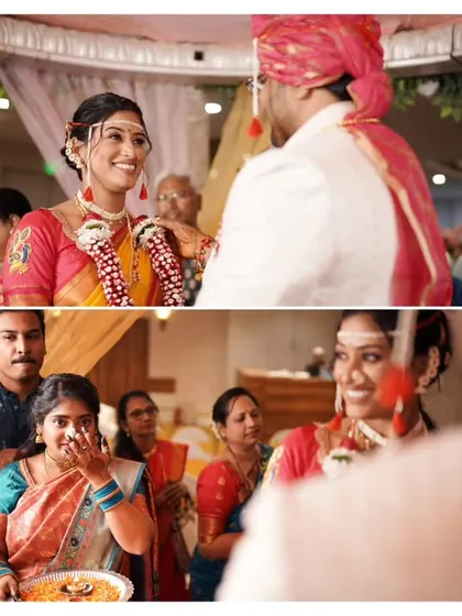 A collage capturing the bride's expressions and the family's emotions during the 'antarpat' ceremony.