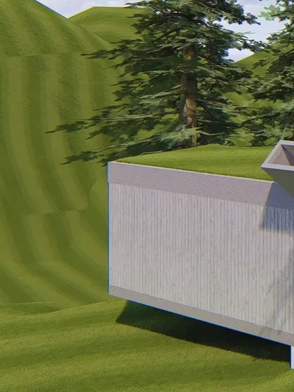 A detailed render highlighting the texture of the board-formed concrete walls against the soft green roof. This juxtaposition of materials is key to creating architecture that is both modern and deeply connected to its natural setting.