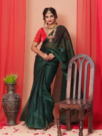 Another full-length view of the stunning green and red saree combination.