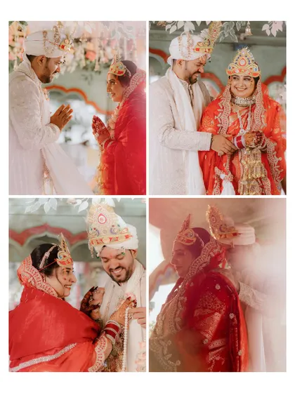 A collage of moments from an Odia-Punjabi wedding ceremony. It showcases the beautiful rituals, the couple's happy interactions, and the seamless blending of their two vibrant cultures.
