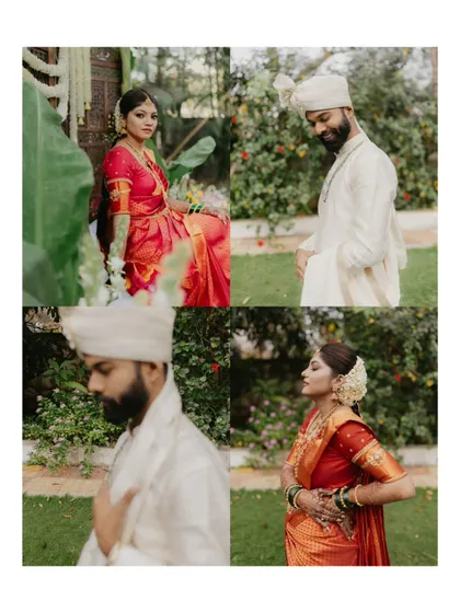 A four-part collage of individual portraits of the bride and groom, capturing their elegance and grace.