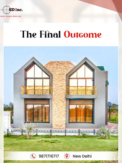The final outcome of a modern farmhouse design, featuring a symmetrical facade with A-frame gables and a central stone-clad section. This home was designed for a striking first impression.