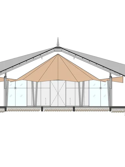 An elevation drawing of the Lotus Cafe, illustrating the symmetry and proportions of the structure and its relationship to the ground plane.