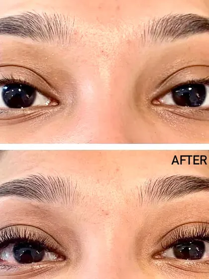 A direct before and after comparison that shows how extensions can completely transform the eyes. We added volume and length to create a fuller lash line that makes her eyes pop.
