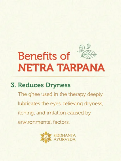 A primary function of Netra Tarpana is reducing dryness. The medicated ghee used in the therapy lubricates the eyes, relieving the itching and irritation caused by environmental factors and screen use.