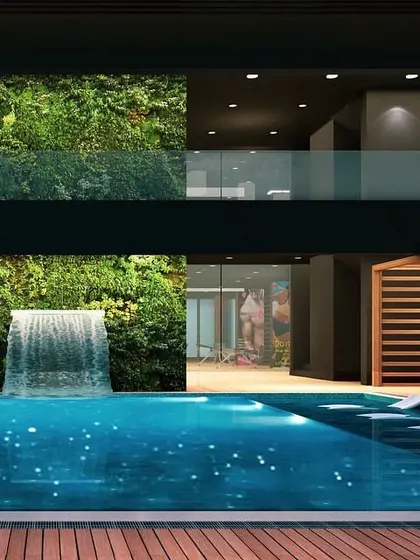 For Embrace Towers, I designed lifestyle and leisure amenities to uplift the residents' day. This render shows the pool area, complete with a waterfall feature and a vertical green wall, creating a resort-like oasis.