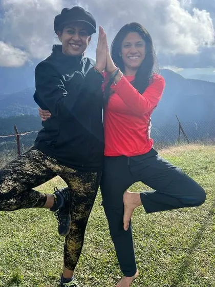 Finding our balance together. Partner yoga like this Tree Pose helps deepen the posture and our connection to one another.