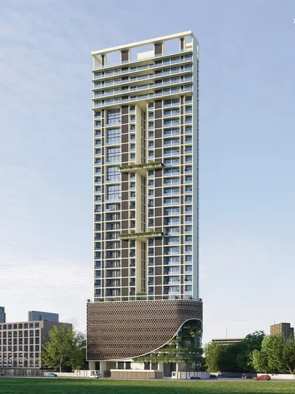 A full view of our Malabar Hill redevelopment project, imagined as an 'Urban Forest'. The tower's elegant lines extend to create a majestic crown, while the fluid, green podium redefines the corner lot with a symphony of nature and abstract form.
