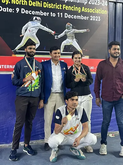 Our senior medalists in sabre and foil from the Delhi State Championship. Their achievements inspire our younger fencers to aim high.