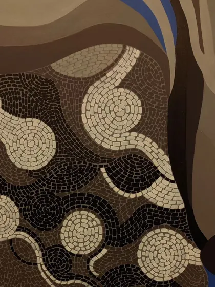 A close-up detail of the 'Cognizance' painting, revealing the intricate, hand-painted mosaic texture that adds depth and tactility to the canvas.