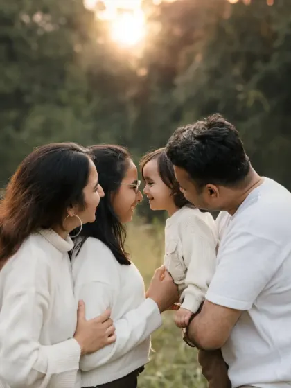 A family shares a sweet nose-to-nose moment during their golden hour photoshoot. The warm light and loving interaction create a magical feel.