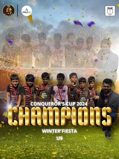 Our U9 warriors celebrating their championship win at the Conqueror's Cup 2024 Winter Fiesta.