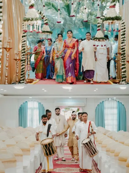The grand entrances of the bride and groom at a traditional South Indian wedding, complete with Chenda Melam drummers.