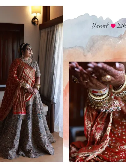 This collage shows the bride's full regal look and a close-up of her hands, adorned with intricate mehendi, kaleeras, and statement rings.
