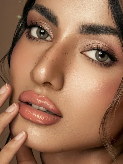 A close-up on glossy, petal-pink lips and soft, freckled skin. This macro shot is all about texture and light, creating a fresh, dewy, and romantic beauty image.