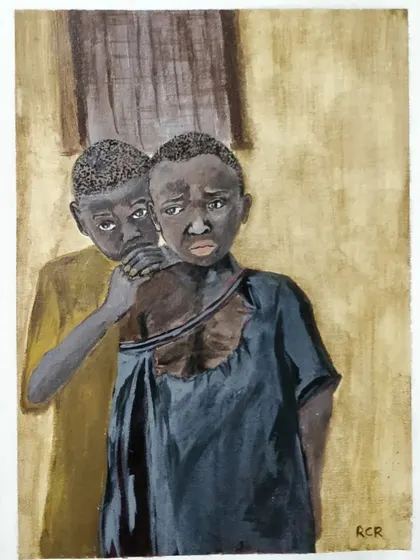 This poignant portrait by artist Renjit captures the raw emotion and deep connection between two young boys. Our figurative art aims to tell human stories that resonate with the viewer on an emotional level.