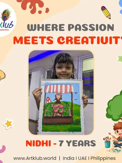Seven-year-old Nidhi shows where her passion meets creativity with this charming drawing of a tomato seller's stall.