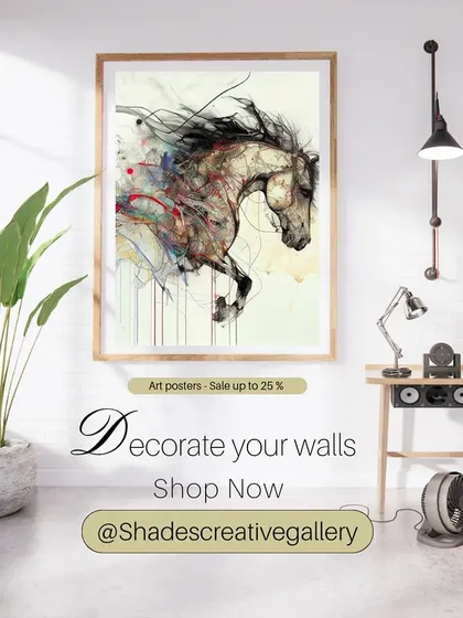 Art posters are an accessible way to begin your collection. This image shows how a framed horse print can add a touch of dynamic energy to a clean, modern workspace.