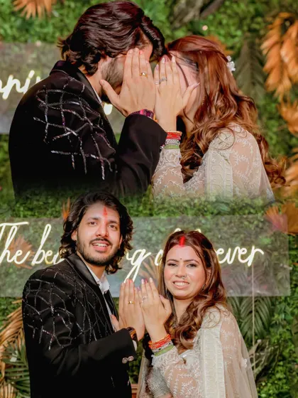 A collage of playful and romantic moments from the engagement ceremony.