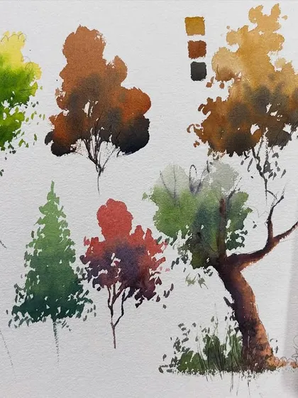 A study sheet showcasing various types of trees painted in watercolor, from pine trees to palm trees, in different seasons.
