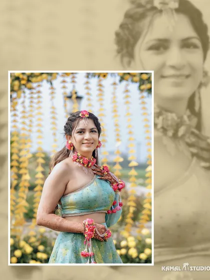A lovely portrait of the bride in her Haldi attire, framed by the yellow floral decor.