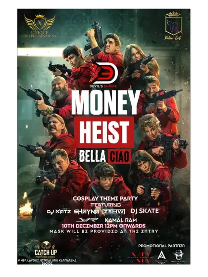 A "Money Heist" themed cosplay party flyer, where I was part of the DJ lineup.