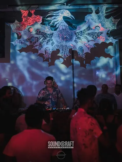 A wider view of the party at House of Chapora, with unique art installations creating a distinct vibe for the night.