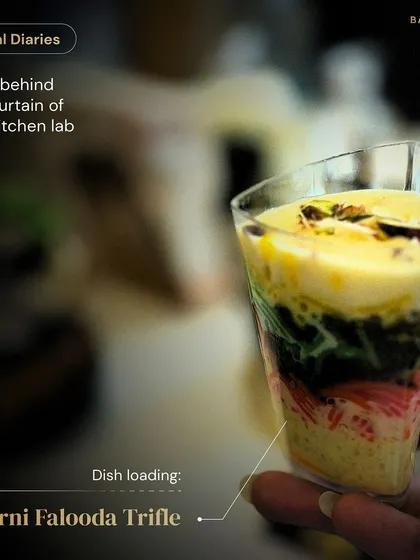 A sneak peek from our kitchen lab. This Phirni Falooda Trifle layers a classic Indian dessert with the textures of falooda, creating a multi-layered, visually stunning sweet treat.