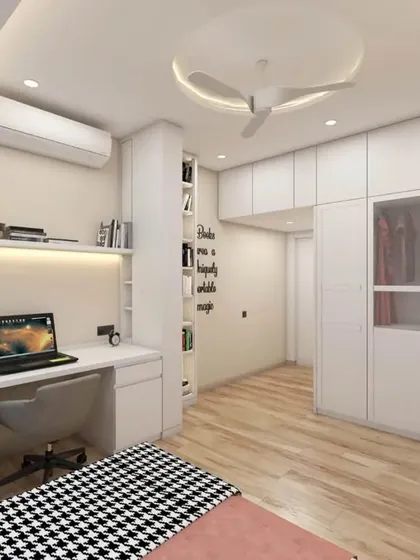 This is a 3D design I created for a daughter's bedroom. It includes a dedicated study area with overhead shelving, a full-length wardrobe, and a bright, clean color palette.