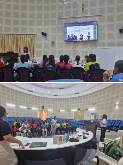 Our workshops in Bihar are designed to be interactive and engaging. Here, our facilitators lead a session in a large auditorium, using visuals and discussions to teach young athletes about their bodies and menstrual health.