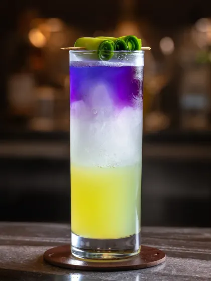 This layered mocktail for Camo Noida was shot to highlight its vibrant colors and unique presentation. The lighting captures the gradient effect and the delicate cucumber garnish, creating a sophisticated beverage photo.
