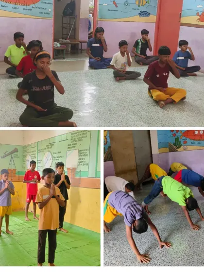 Young boys practice pranayama (breathing exercises) and asanas indoors. We believe that mindfulness practices are essential for building mental resilience in young athletes.
