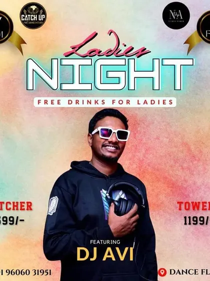 A vibrant flyer for another one of my Ladies Nights at Catch Up, highlighting the free drinks and great deals that make these nights so popular.