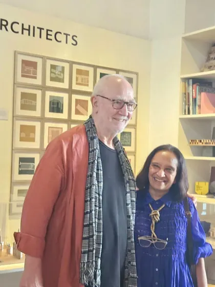 Our founder, Shimul Javeri Kadri, with the renowned architect Peter Zumthor at the 'Samatva' exhibition, which celebrated the work of women in architecture.