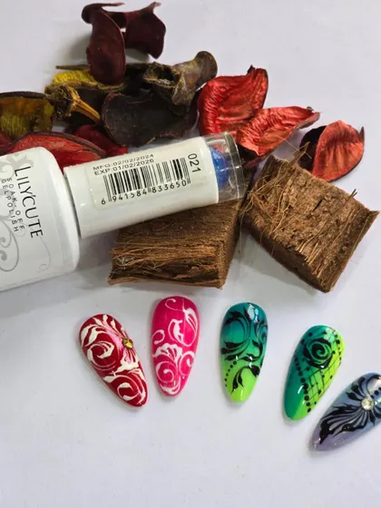 A collection of nail art designs featuring intricate swirl patterns. These designs are created on colorful ombre bases, showcasing how to use a fine liner brush for detailed work.