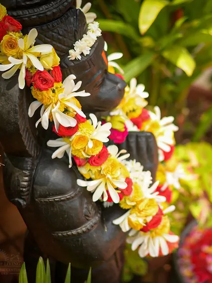 A close up of the Hanuman idol, decorated for Hanuman Jayanti. His folded hands are a constant reminder of the power of surrender and devotion.