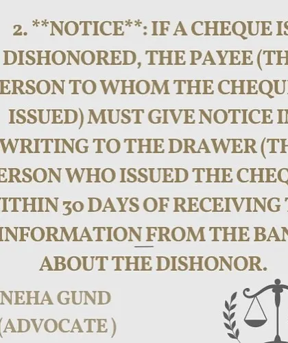 This is the second step in the process. After a cheque is dishonored, the payee must send a written notice to the person who issued the cheque. This has to be done within 30 days of the bank informing you about the bounce.