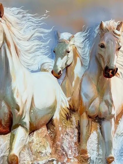 Another detailed view of the lead horses, capturing their powerful expressions and the sense of forward motion as they emerge from the sculpted waves.