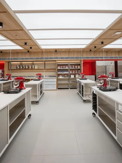 A view of the baking stations and storage shelves.