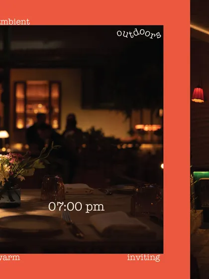 The warm and inviting ambiance of our outdoor seating area at 7:00 PM. It’s the ideal spot to start your evening with a cocktail as the sun sets.