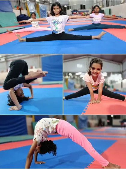 A collage showcasing the amazing flexibility of our students. You can see them holding splits, practicing backbends, and working on headstands, all fundamental aspects of gymnastics training.