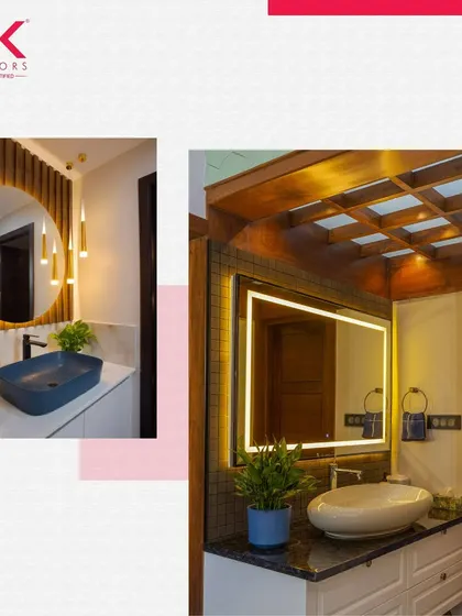 A collage of two stylish washbasin designs. Whether you prefer a modern look with a blue vessel sink or a traditional feel with a wooden lattice ceiling, we design every detail with care.