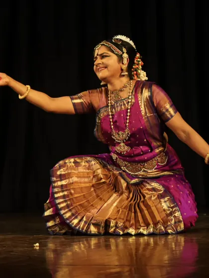 A smile can convey a world of meaning in abhinaya. Here, during my "Moham" performance, a gentle expression communicates joy and contentment. I work with dancers to find the authenticity in every emotion they portray.
