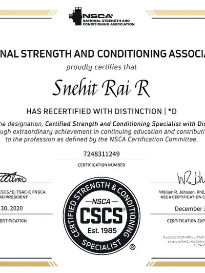 I have recertified as a Certified Strength and Conditioning Specialist (CSCS) with Distinction from the NSCA, a mark of extraordinary achievement in continuing education.