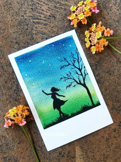This small polaroid-style watercolor painting captures the silhouette of a girl dancing under a starry sky. It’s a reminder that small art can bring a big sense of accomplishment and joy.