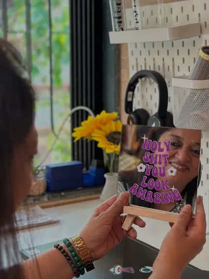 My affirmation mirrors are the perfect addition to your room or desk. This one says "Holy Shit You Look Amazing" because you deserve to be reminded of that every day.